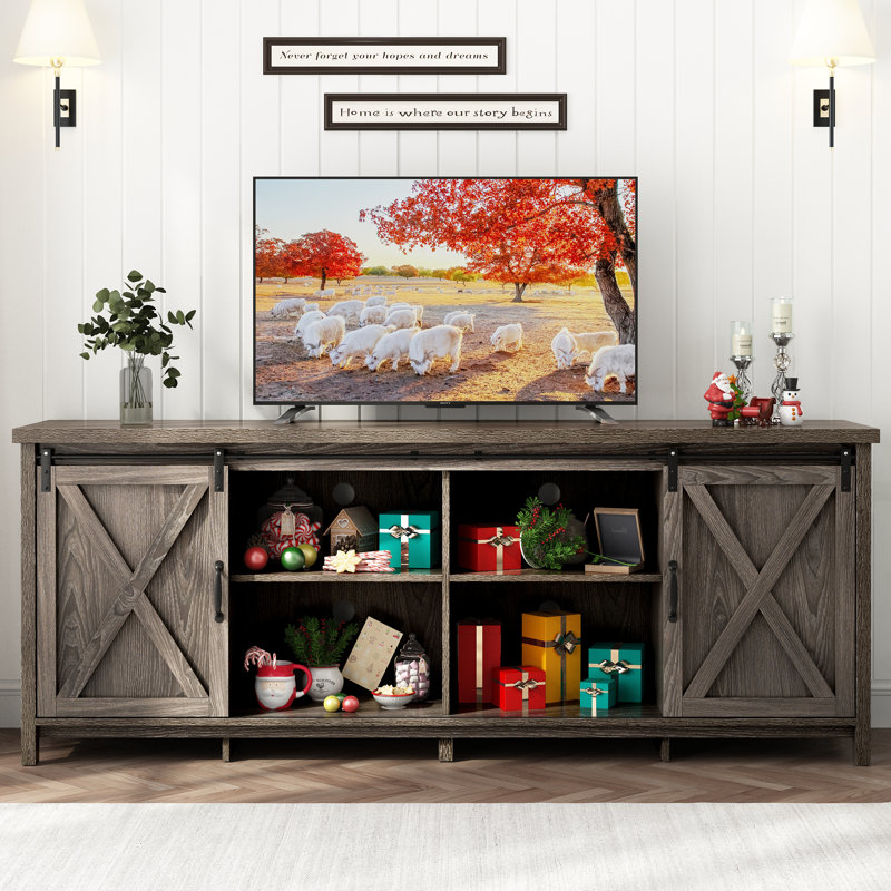 80" Farmhouse Sliding Barn Door TV Stand for TVs Up to 85" TVs, Entertainment Center Console Table with Adjustable Shevles