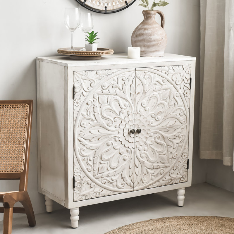 Buffet décoratif 2 portes Dusa, Blanc crème, Bronze