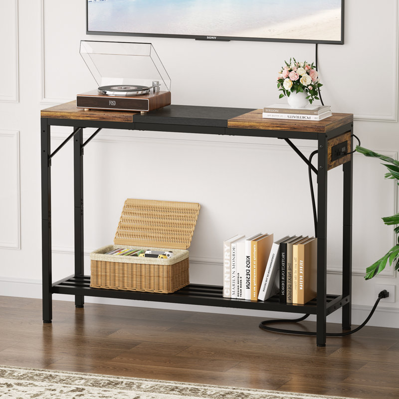 39.4" Console Table With Power Outlet, Entryway Table With Storage Shelves, Desk, Black/Brown