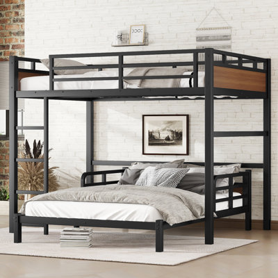Lit superposé double au-dessus de double avec tête de lit et garde-corps double, lit superposé séparable, lits superposés robustes pouvant se transformer en lit mezzanine et en lit plateforme, durable et robuste, conception silencieuse, convient aux adultes, aux enfants et aux adolescents, noir et noyer