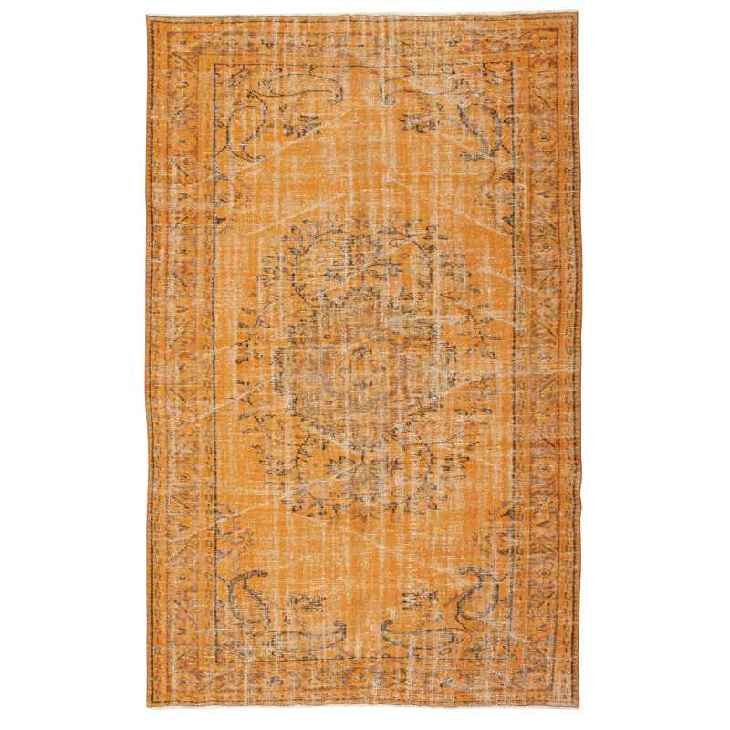 5.3x8.4 Ft Vintage Wool Area Rug Overdyed in Orange for Contemporary Interiors. Hand-knotted in Turkey