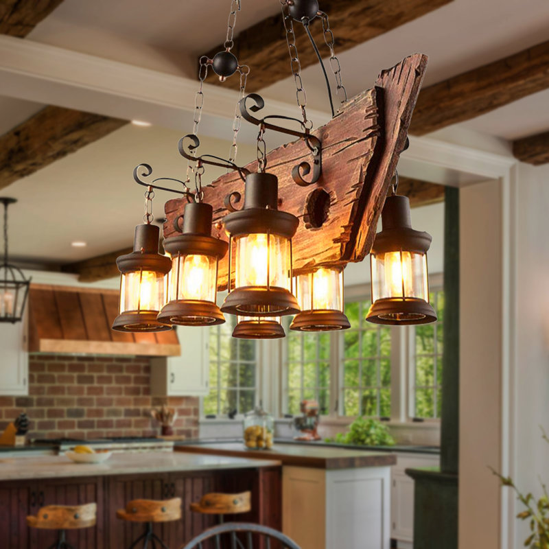 Lustre 6 lumières en bois Farmhouse