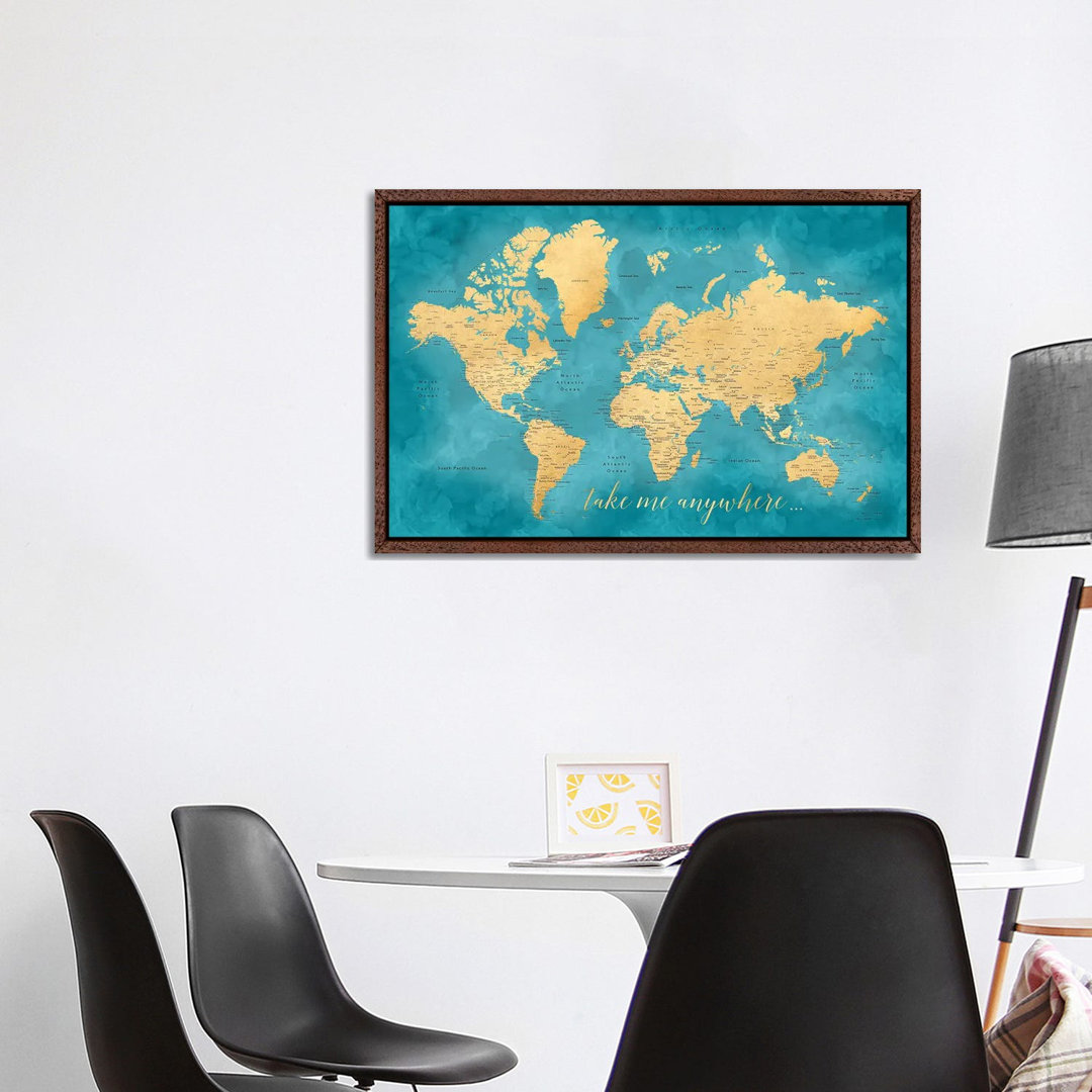 Take Me Anywhere Gold And Teal Detaillierte Weltkarte von Blursbyai - Gallery-Wrapped Canvas Giclée on Canvas