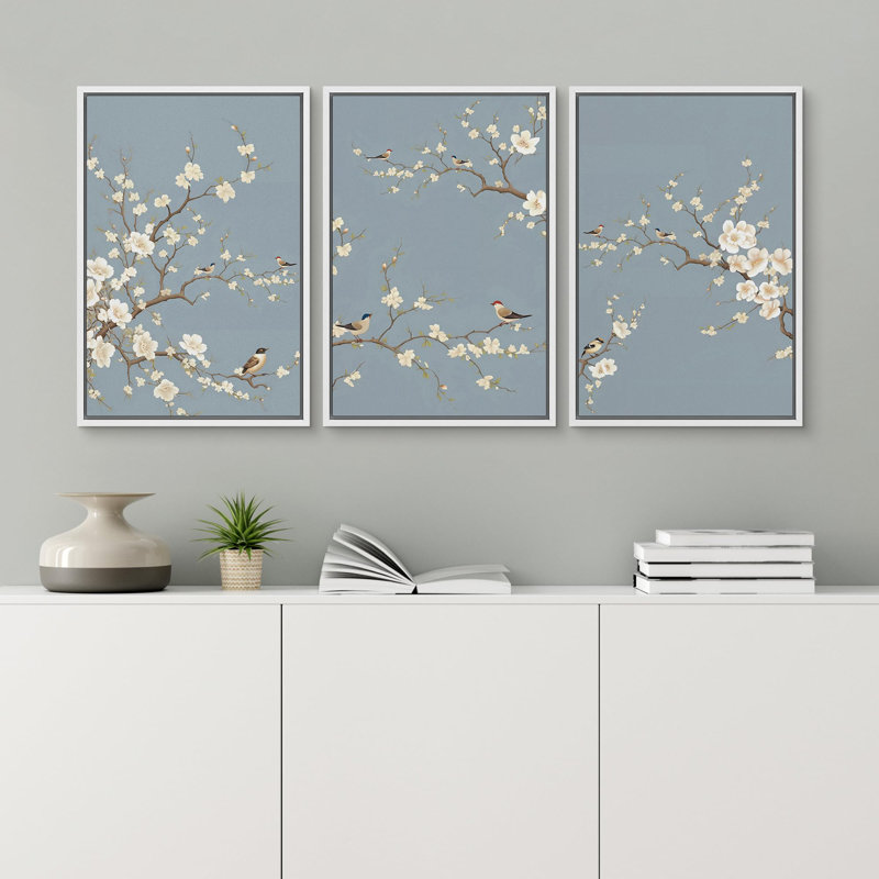 Fleurs de cerisier japonais minimes, H 24 po x l 48 po, Cadre flottant blanc