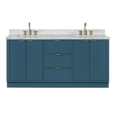Meuble-lavabo double en bois massif 72 po avec plateau en marbre de Carrare Haun 72 po