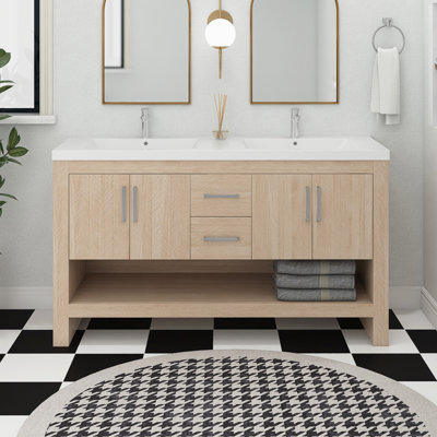 60 In. W X 21.34 In. D X 35.04 In. H Freestanding Bath Vanity In Light Oak With Double White Acrylic Sink