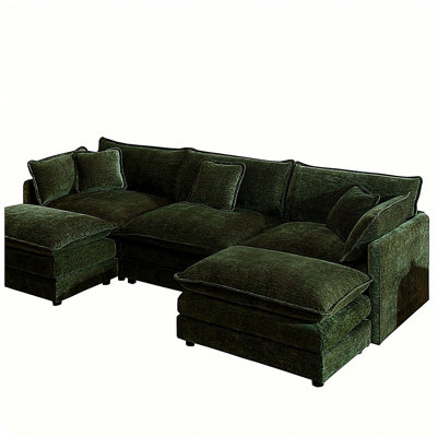 U-Shaped Sectional Sofa w/Reversible Footrest, 5-Seater Convertible Corner Couch with 2 Ottomans ,Modern Minimalist Soft Sofa & Couch for Living Room , Green Chenille