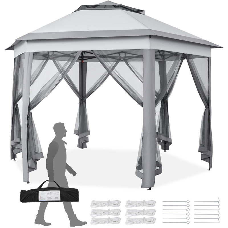13 Ft. W x 11 Ft. D Weather-resistent Iron Patio Gazebo with sidewalls, Stainless Steel, Gray
