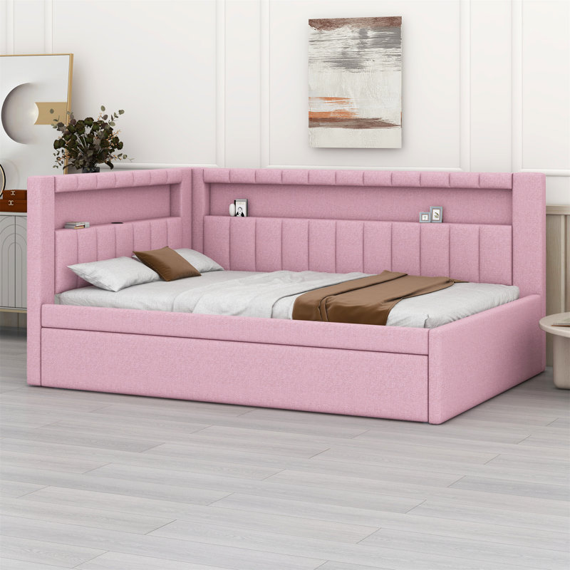 Lit plateforme tapissier avec ports USB et ceinture à DEL, avec lit gigogne, Rose