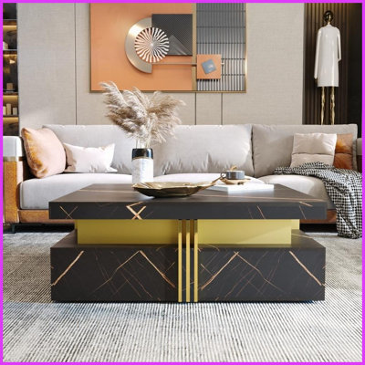 Table basse moderne carrée noire avec 4 tiroirs - décorations dorées de luxe Vaste espace de rangement pour le salon