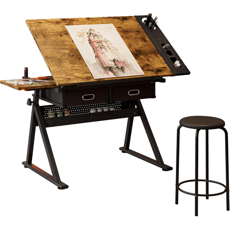 Table à dessin à hauteur réglable professionnelle avec tabouret, bureau de dessin inclinable à 0-75 ° avec 2 tiroirs de rangement pour la peinture, l'écriture et l'artisanat d'artiste