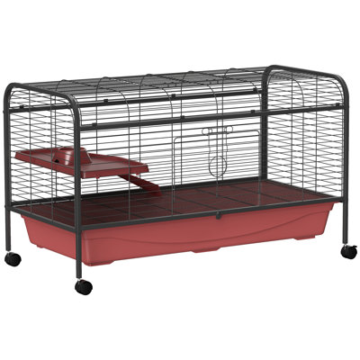 Petit refuge pour animaux de compagnie L 48 po - Lapin et furet avec mangeoire, roues, plateforme, refuge pour animaux rampe rouge / noir