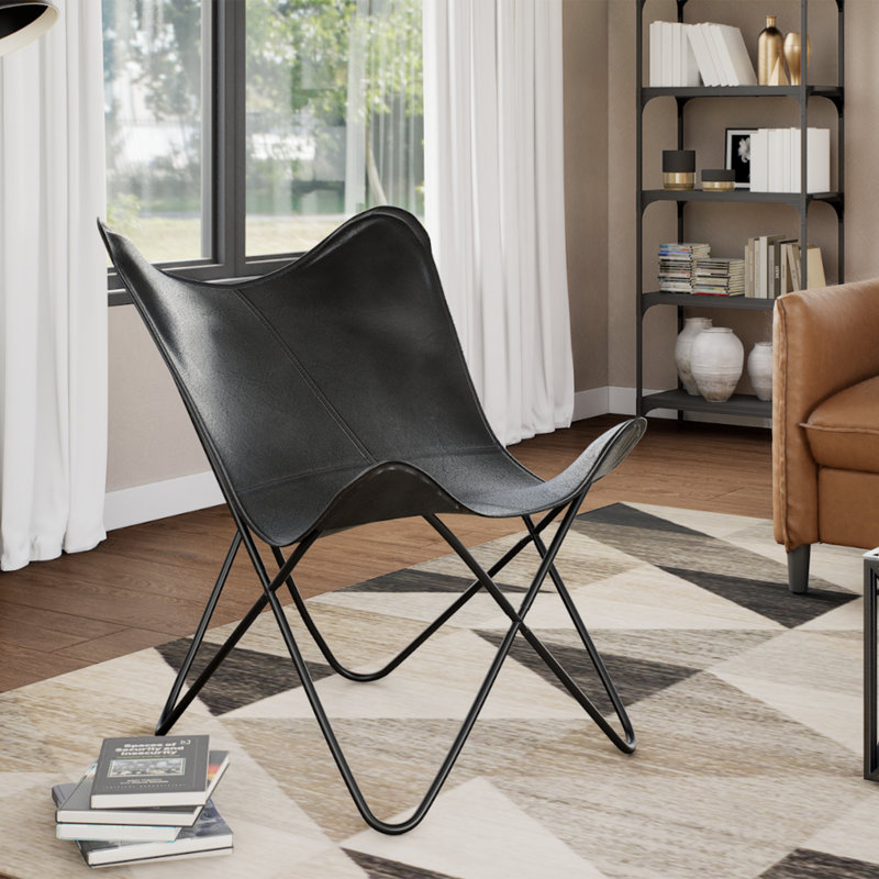Lanyiah vidaXL Butterfly Chair, Lightweight Armchair with Powder-Coated Steel Frame, Comfortable Genuine Goat Leather, Versatile Utility 26" x 29.1" x 35.4"