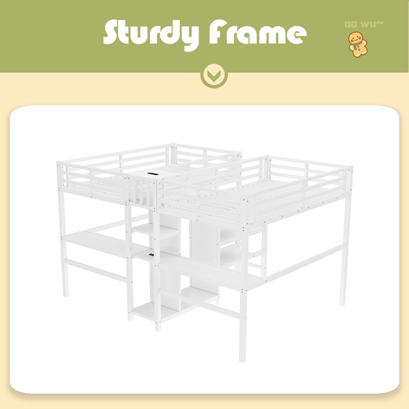 Lit mezzanine simple au-dessus d'un lit simple en métal avec bureau double, armoire et tablettes avec prise électrique pour économiser de l'espace et réduire le bruit