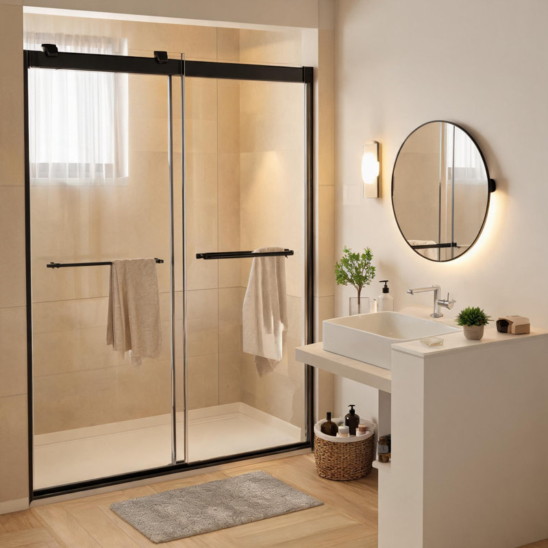 46 inch to 48 inch Matte Black Frameless Double Sliding Soft Close Shower Door with 5/16 inch Thick Tempered Glass