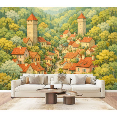 Peler et coller le papier peint Village caché maisons colorées, arbres verts, paysage onirique, peintures murales, papier peint amovible, adhésif mural pour chambre à coucher, salon, bureau à domicile