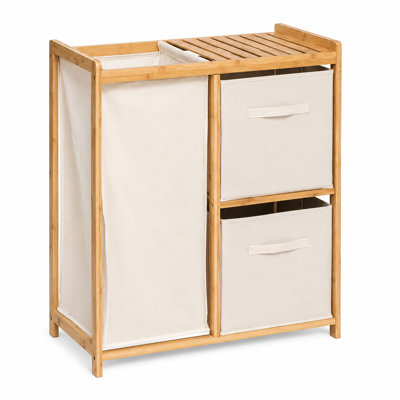 Trieur de linge en bambou avec 1 grand panier et 2 tiroirs en tissu, rangement multifonctionnel pour la salle de bain