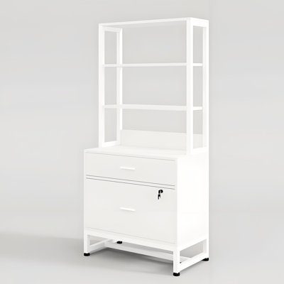 Ample Storage 2 File Cabinet With Four Open Shelf, White Material, Lockable Drawer And Adjustable Foot Pads