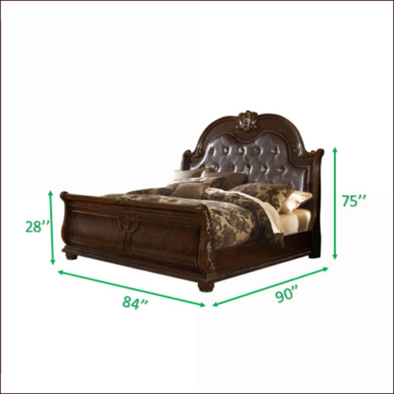 Ensemble de chambre à coucher très grand lit 5 pièces en bois d'acacia massif brun noyer foncé avec tête de lit capitonnée en marbre | Bois | Lits standard