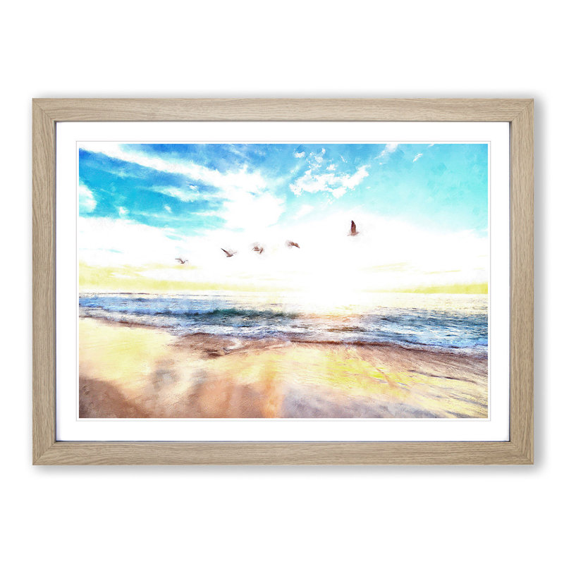 Seagulls Over A Beach In San Diego - Single Picture Frame Painting on MDF, 62cm H x 87cm W x 2cm D, Oak Framed