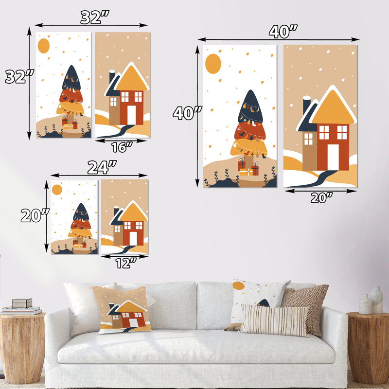 «Christimas Scene in Retro Colors I», ensemble de 2 impressions, H 20 po x l 24 po x P 1 po, Toile tendue