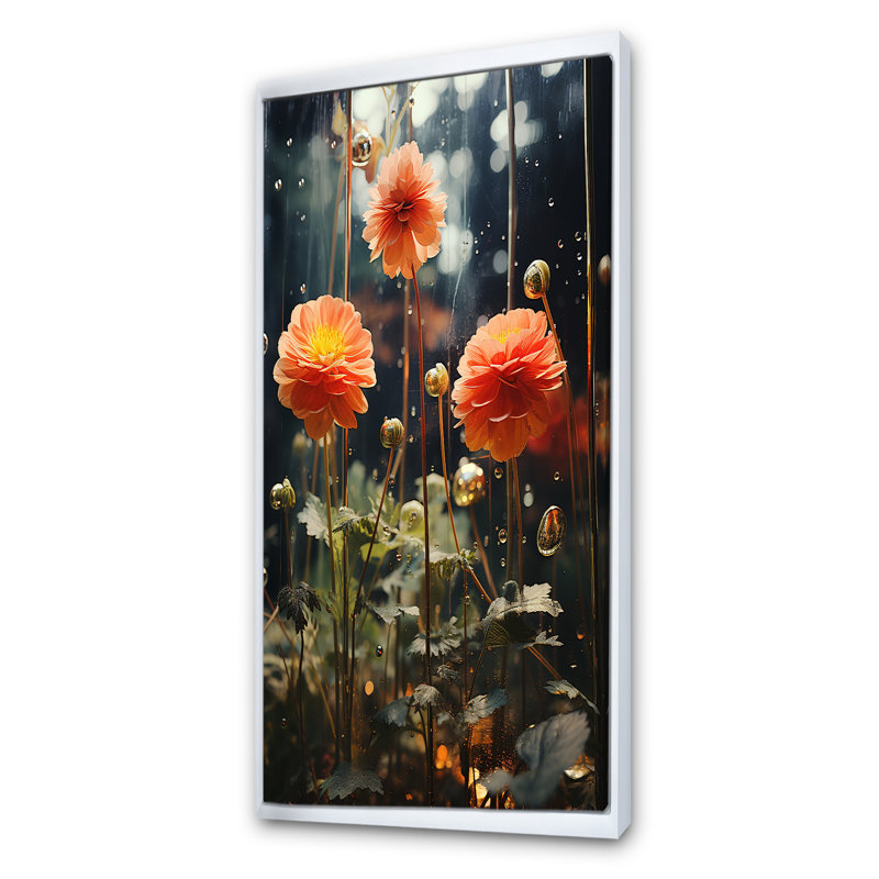 "Fleurs de zinnias orange et vertes", Cadre flottant blanc, H 60 po x l 28 po x P 1,5 po