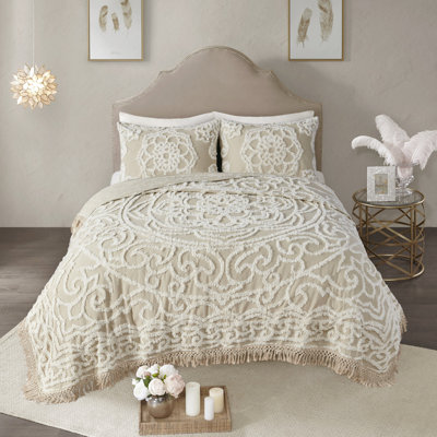 Couvre-lit en coton chenille à médaillon taupe F / q - style global, 100% coton, literie toutes saisons, facile à laver, aspect chambre double / grand, propre,