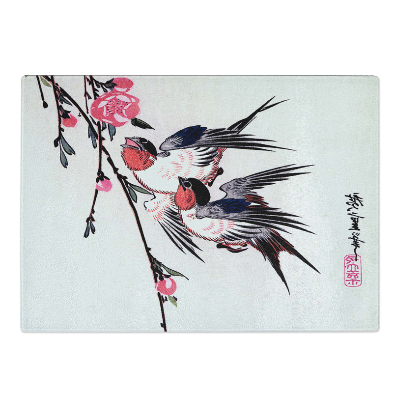 Tempered Glass Swallows and Peach Blossom by Utagawa Hiroshige Chopping Board, 28.5 cm W x 20 cm L