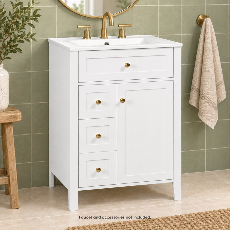Meuble-lavabo simple de 61 cm (24 po) avec lavabo en céramique, rangement basculant, 2 tiroirs et porte d'armoire à fermeture amortie