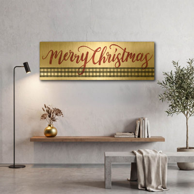 'Merry Christmas Gingham' By Cindy Jacobs Gold Metal Wall Art, 48" x 16"