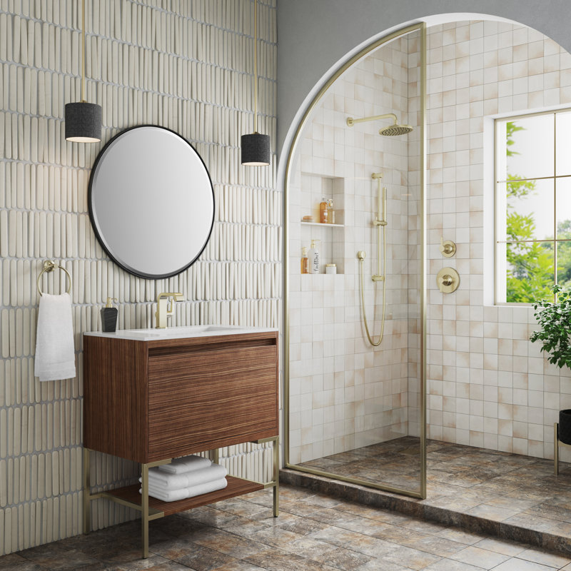 Mantova 31.5'' W Single Vanity, Charcoal Black, Mid Century Walnut/Champagne Brass