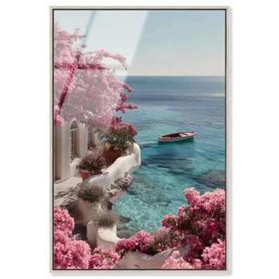 Bougainvillea Bay I, reproduction d'art acrylique encadrée Coastal Glam par Notoriart, cadre argenté, H 16 po x l 11 po