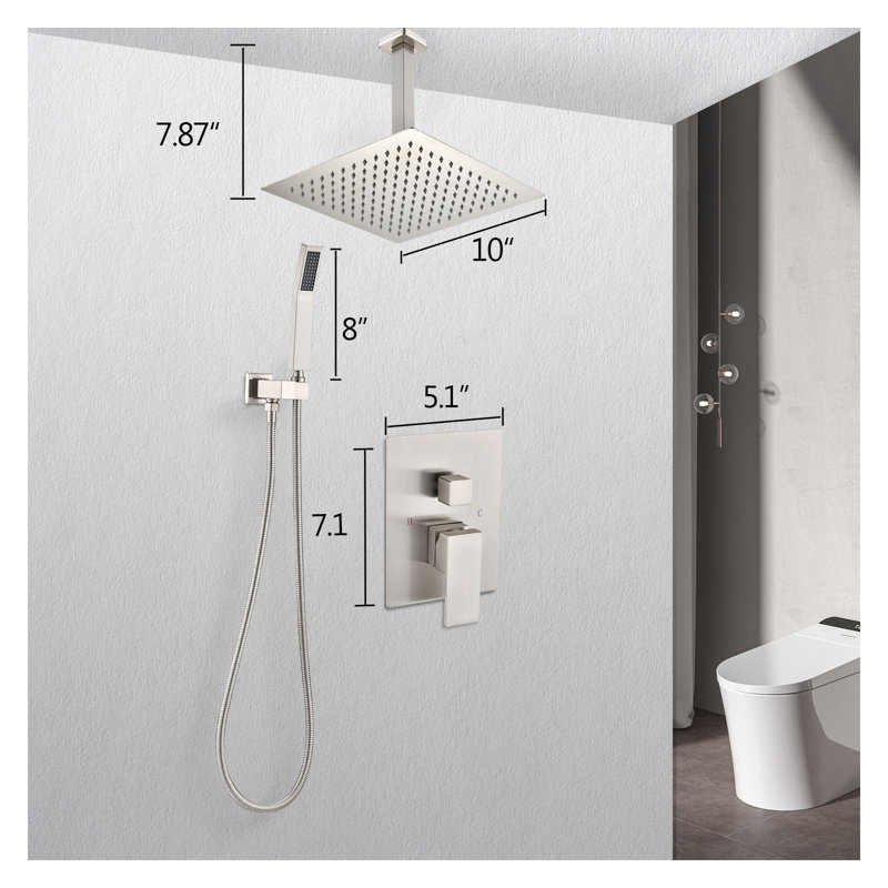 Ensemble de système de douche au plafond en nickel brossé avec pomme de douche à effet de pluie de 10 pouces et douchette, fabrication en laiton