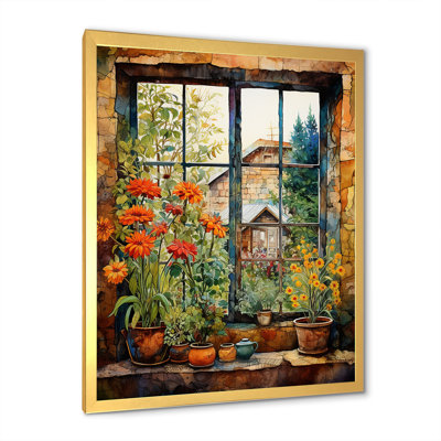 Brown Farmhouse Window Blooms In Summer I - Farmhouse Windows Wall Art