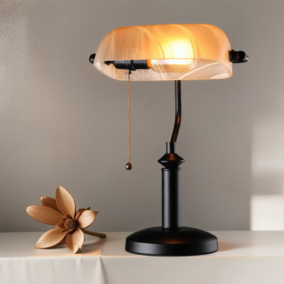Commercial Grade Antique Banker Desk Lamp, Frosted Glass Table Lamp With Uniquely Textured, E26 Base Traditional Lamp