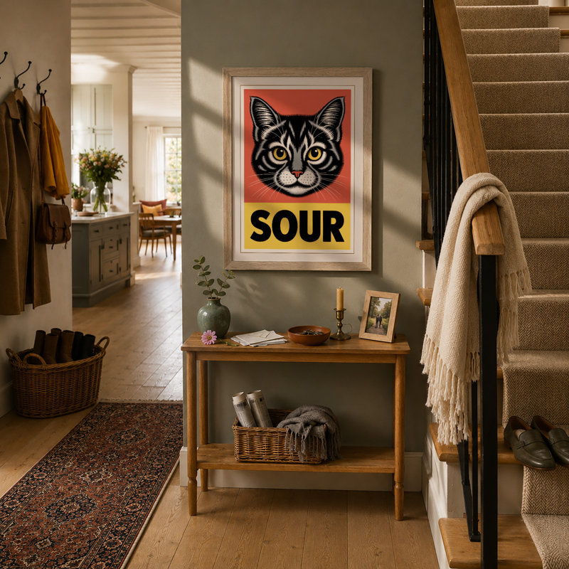 Sour Cat Retro - Framed Print, Oak, A4 - 29.7 x 21.0 cm