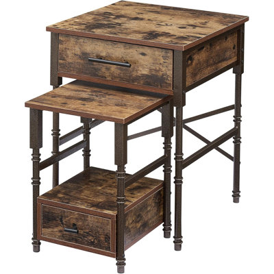 Nesting End Tables with Drawers, Metal Frame & Wooden Top, Stackable Small & Large Side Tables for Living Room, Bedroom, Sofa Side (Brown)