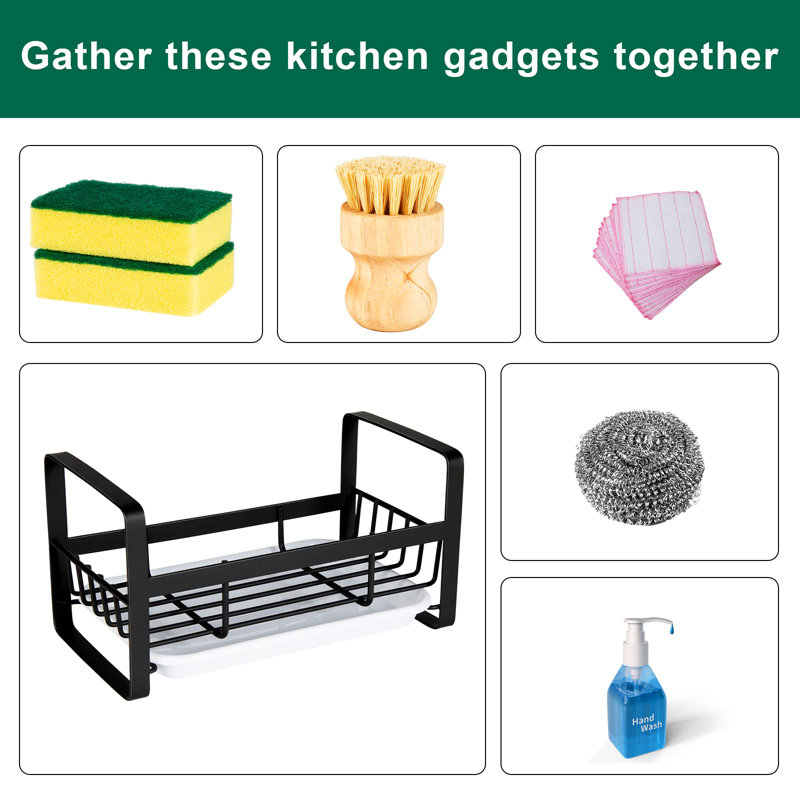 Porte-éponge pour évier de cuisine - Support pour évier de cuisine en acier inoxydable pour organiser une éponge, un distributeur de brosse et de savon, un support de rangement Coutertop avec adhésif ou comptoir