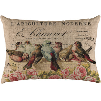 French Birds Rectangular Linen Lumbar Pillow