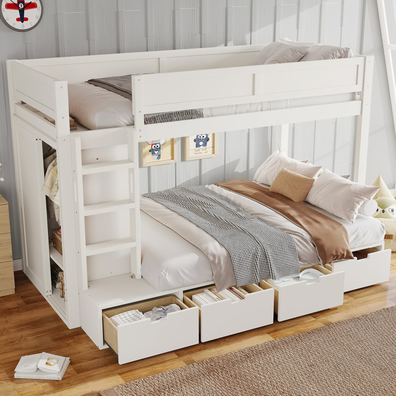 Lit superposé simple au-dessus de simple avec 4 tiroirs de rangement, garde-robe intégrée, garde-corps pleine longueur, structure en bois massif, sans sommier, ivoire