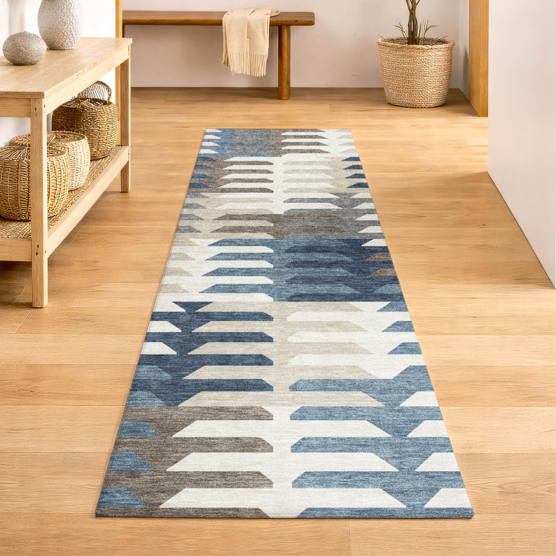Premium Machine Washable Mayfield AMF2328 Geometric Rug, Denim, 2'3" x 7'6" Runner