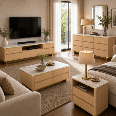 Ensemble de meubles de style marbré 4 pièces Adlington avec meuble télé à DEL de 82,7 po, table basse, commode à 9 tiroirs et table de chevet