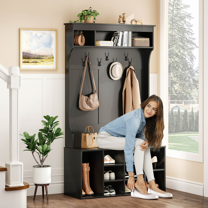 Chalemet Hall Tree 39.4" Wide with Shoe Storage and Bench, Black