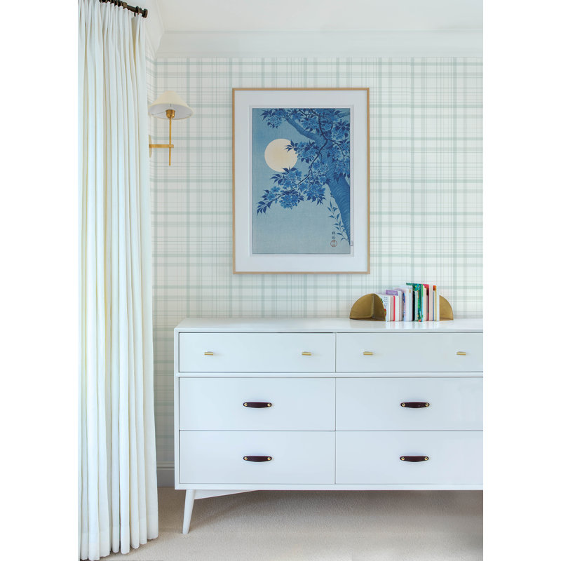 Burgess Charcoal Plaid Wallpaper, Light Blue
