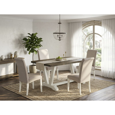 Ensemble de table de salle à manger 5 pièces comprenant une table en bois jacobine vieilli et 4 chaises de cuisine en lin crème avec dossier haut - Lin brossé blanc
