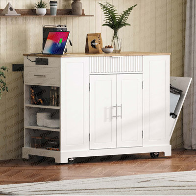 K&K Fluted Kitchen Island With Trash Can Storage Cabinet, Power Outlet, Internal Storage Rack, Rolling Kitchen Islands On 5 Wheels With 3 Drawer, 3 Open Side Racks For 10 Gallon Garbage Bin, White