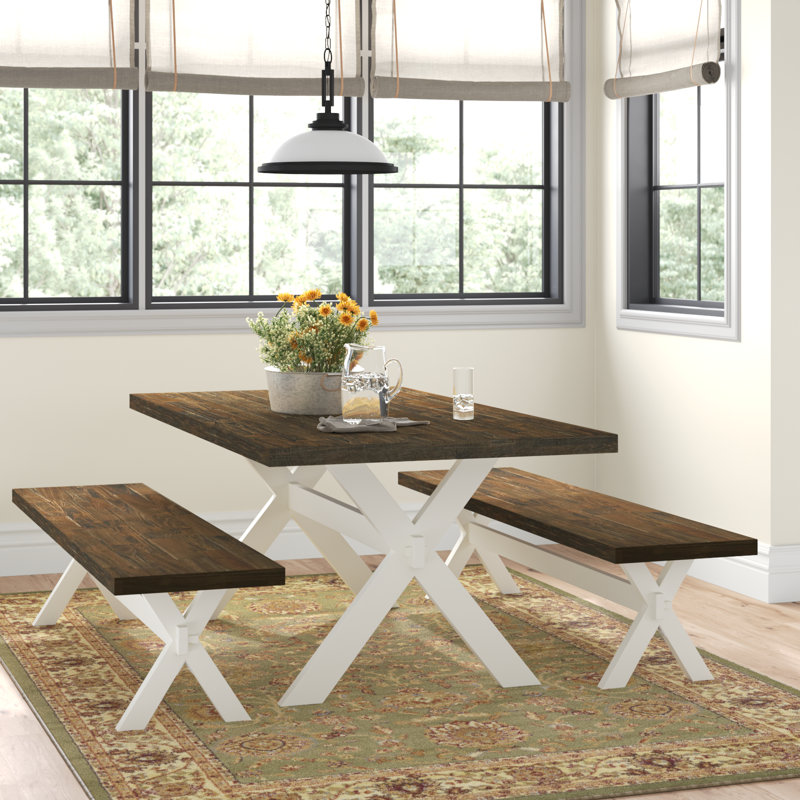 Ensemble de coin repas 3 pièces pour petits espaces comprenant une table de salle à manger rectangulaire avec pieds en X et 2 bancs de table, lin blanc