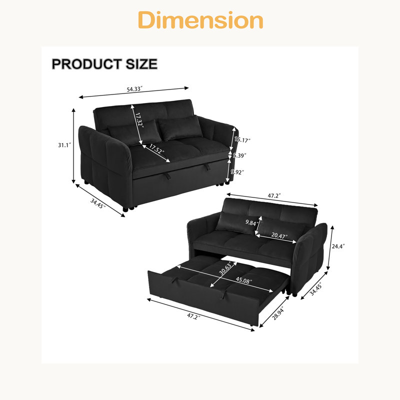 Lit escamotable 3-en-1 avec dossier inclinable et coussins en velours. Convient aux salons, chambres à coucher, 2, Noir