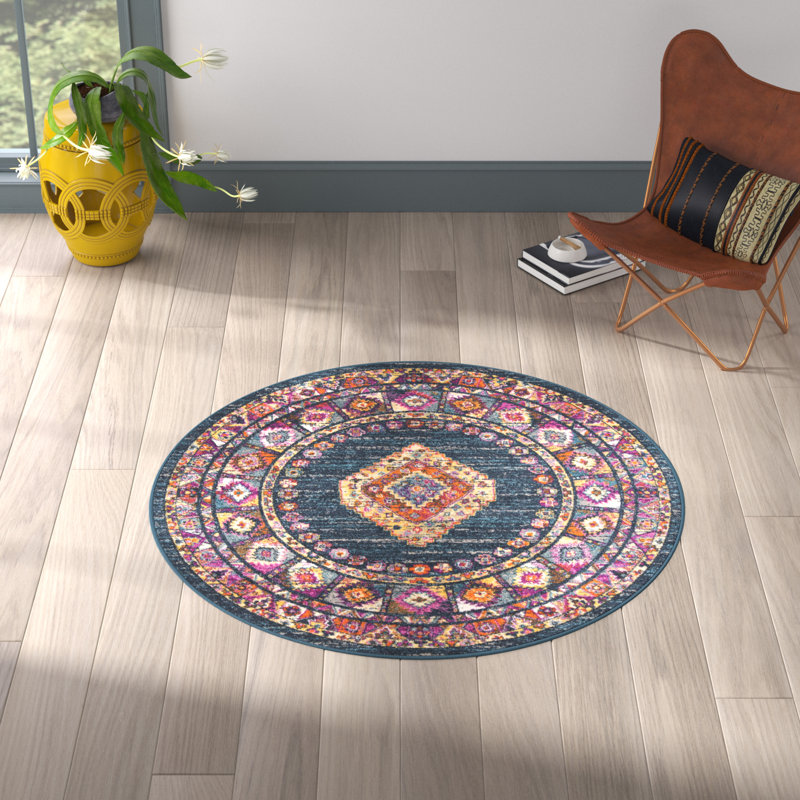 Tapis oriental Felty, Bleu, Rond 5 pi 1 po