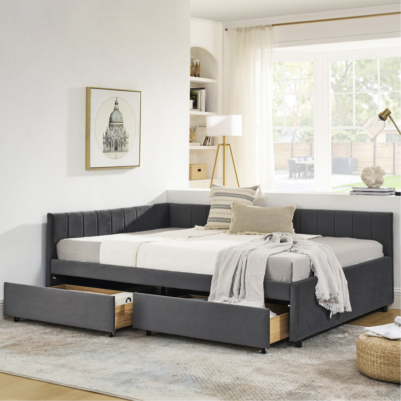 Full Size Upholstered Daybed In Grey Velvet, Two Drawers For Storage Function, Comfortable And , Vertical Stripe Pattern, Easy Assembly Process Purposes, Hassle -